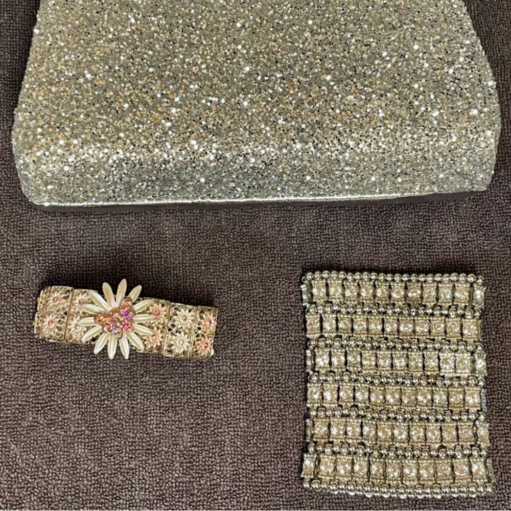 Elegant Silver Clutch Bag and bracelets x2